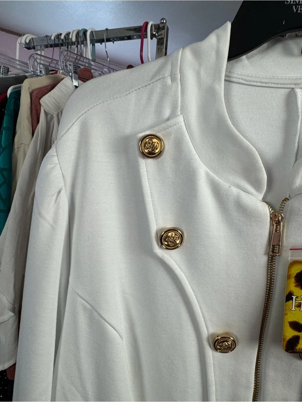 Hybrid & Co. 3X white Military Style Zip Jacket Gold Button Detail NWT